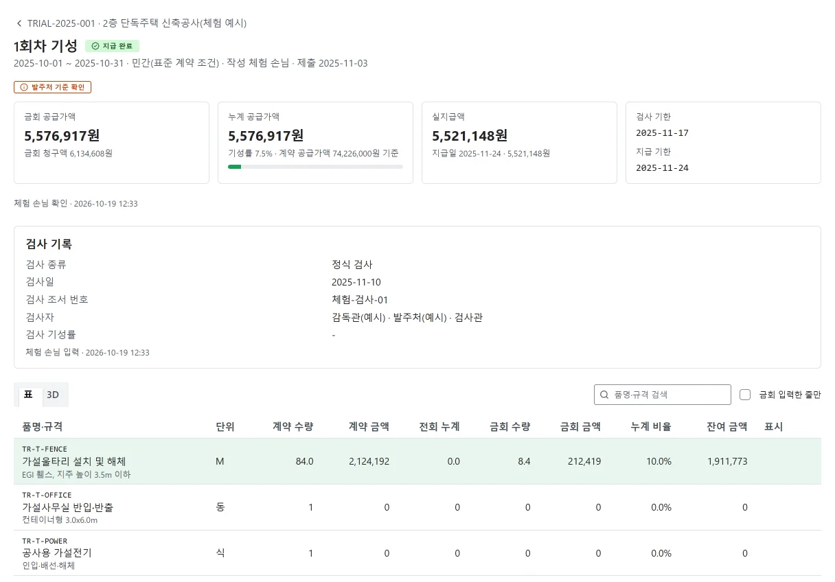 2층 단독주택의 기성 회차 화면: 줄마다 전회·금회·누계·잔여 수량과 금회·잔여 금액이 있고 오른쪽에 금액 구성이 있다(1회차 기성)